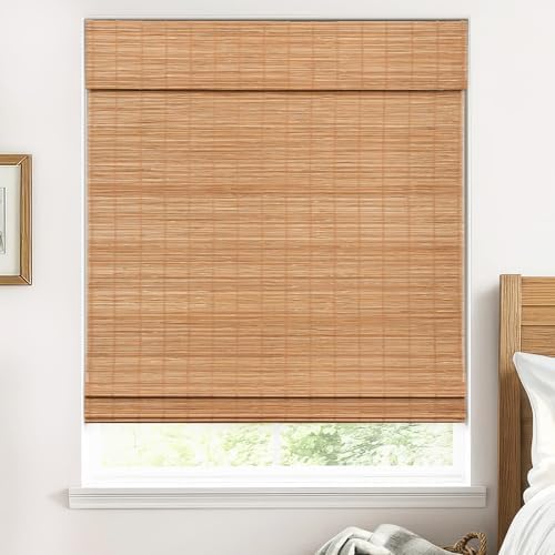 100% Blackout Cordless Bamboo Roman Shades 21×64 in Papara Carbon