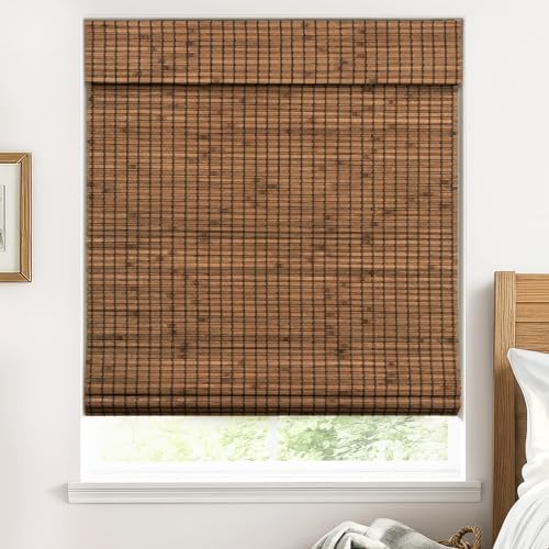100% Blackout Cordless Bamboo Roman Shades 21×64 in Penang Teak